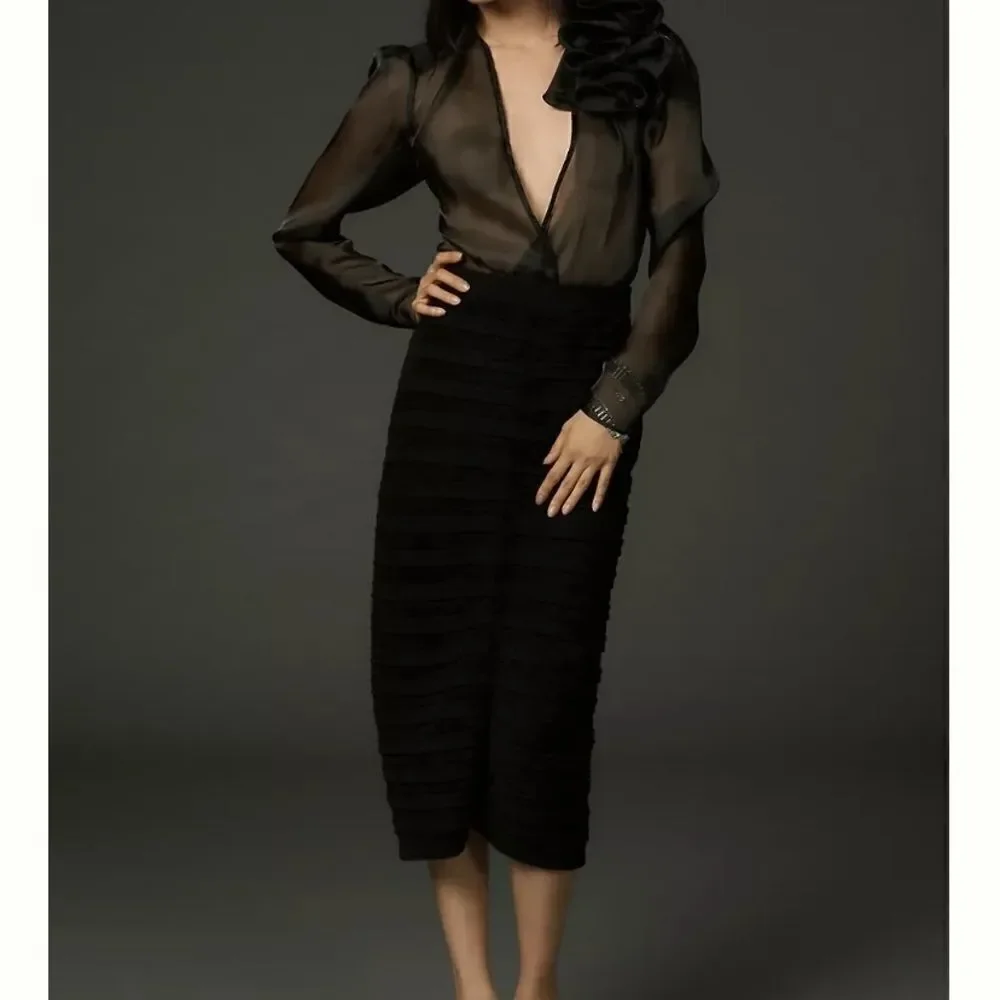 By Anthropologie Marilyn Black Midi Fitted Ribbed Sweater Skirt